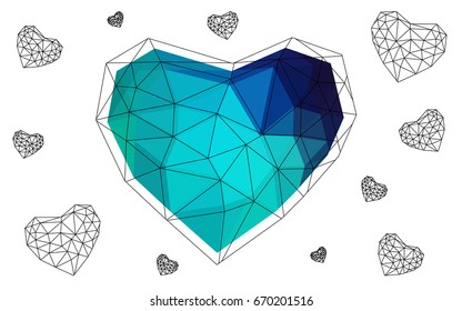Light Blue, Green vector abstract glitter heart shape on white background in love concept for valentine's day with sweet and romantic moment. Polygonal design for your business.