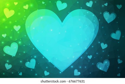 Light Blue, Green vector abstract Triangle Geometrical Heart on white polygonal background. Happy Valentine's Day Greeting Card. Stock template for your design.