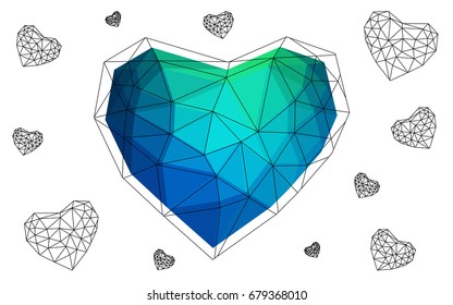 Light Blue, Green vector abstract Triangle Geometrical Heart on white polygonal background. Happy Valentine's Day Greeting Card. Stock template for your design.