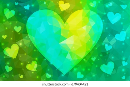 Light Blue, Green vector abstract glitter heart shape on white background in love concept for valentine's day with sweet and romantic moment. Polygonal design for your business.