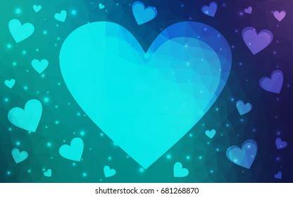 Light Blue, Green vector abstract Triangle Geometrical Heart on white polygonal background. Happy Valentine's Day Greeting Card. Stock template for your design.