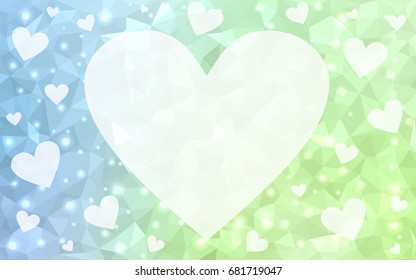 Light Blue, Green vector abstract Triangle Geometrical Heart on white polygonal background. Happy Valentine's Day Greeting Card. Stock template for your design.