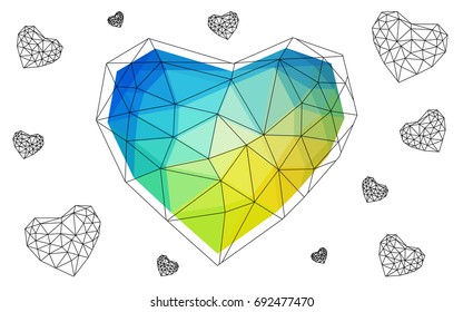 Light Blue, Green vector abstract Triangle Geometrical Heart on white polygonal background. Happy Valentine's Day Greeting Card. Stock template for your design.