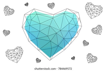 Light Blue, Green vector abstract Triangle Geometrical Heart on white polygonal background. Happy Valentine's Day Greeting Card. Stock template for your design.