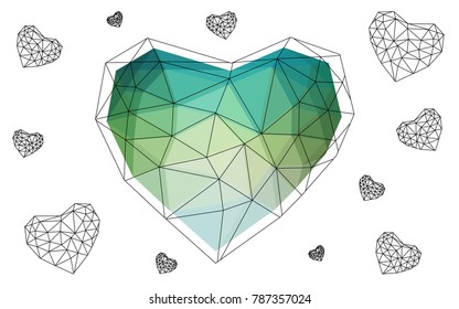 Light Blue, Green vector abstract Triangle Geometrical Heart on white polygonal background. Happy Valentine's Day Greeting Card. Stock template for your design.