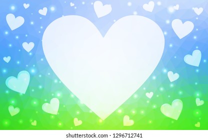 Light Blue, Green vector  backdrop with sweet hearts. Hearts on blurred abstract background with colorful gradient. Pattern for marriage gifts, congratulations.