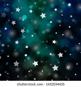 Light Blue, Green vector backdrop with circles, stars. Illustration with set of colorful abstract spheres, stars. Design for wallpaper, fabric makers.