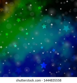 Light Blue, Green vector backdrop with circles, stars. Colorful illustration with gradient dots, stars. Design for wallpaper, fabric makers.