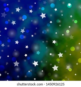 Light Blue, Green vector backdrop with circles, stars. Abstract illustration with colorful shapes of circles, stars. Pattern for design of fabric, wallpapers.