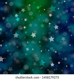 Light Blue, Green vector backdrop with circles, stars. Illustration with set of colorful abstract spheres, stars. Design for textile, fabric, wallpapers.