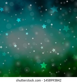 Light Blue, Green vector backdrop with circles, stars. Abstract design in gradient style with bubbles, stars. Template for business cards, websites.