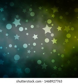 Light Blue, Green vector backdrop with circles, stars. Colorful illustration with gradient dots, stars. Pattern for design of fabric, wallpapers.