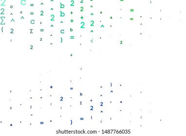 Light Blue, Green vector backdrop with algebra elements. Abstract illustration with colored algebra signs. Best design for your math college.
