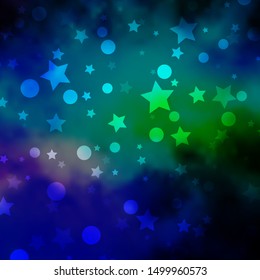Light Blue, Green vector backdrop with circles, stars. Colorful disks, stars on simple gradient background. Design for wallpaper, fabric makers.