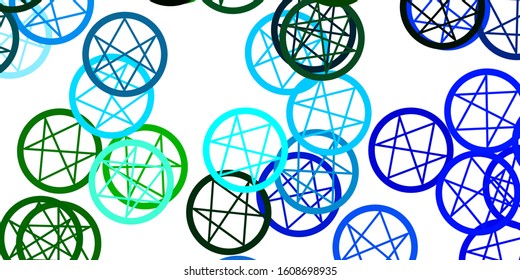 Light Blue, Green vector backdrop with mystery symbols. Abstract illustration with gothic gradient shapes. Background for esoteric, mystic designs.