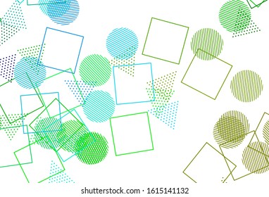 Light Blue, Green vector backdrop with lines, circles, rhombus. Decorative design in abstract style with lines, dots, cubes. Template for wallpapers.