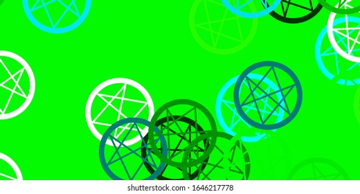 Light Blue, Green vector backdrop with mystery symbols. Colorful mystic symbols with a gradient in ancient style. Simple design for occult depiction.