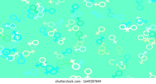 Light Blue, Green vector backdrop with woman's power symbols. Colorful illustration with gradient feminism shapes. Base for your app design.