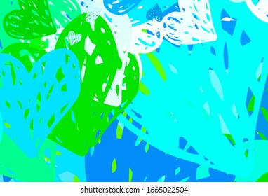 Light Blue, Green vector backdrop with sweet hearts. Illustration with shapes of gradient hearts on blur backdrop. Template for Valentine's greeting postcards.