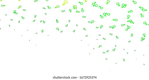 Light Blue, Green vector backdrop with woman's power symbols. Illustration with signs of women's strength and power. New side for your design.