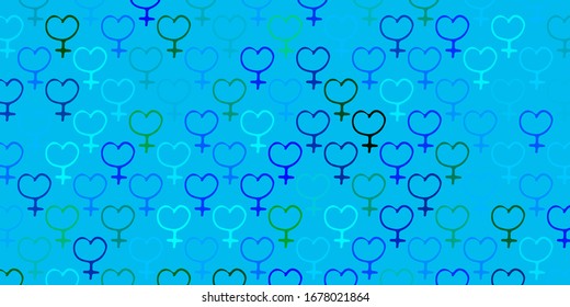 Light Blue, Green vector backdrop with woman's power symbols. Colorful illustration with gradient feminism shapes. Design for International Women’s Day.