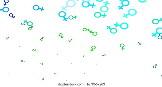 Light Blue, Green vector backdrop with woman's power symbols. Colorful feminism symbols with a gradient in modern style. Sample for your web designers.