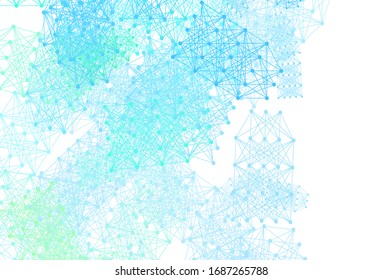 Hellblaue, grüne Vektorillustration mit künstlicher Intelligenz. Farbige AI-Struktur mit Farbverlauf-Linien und Punkten. Muster für Poster, Banner der Technik.