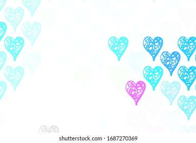 Light Blue, Green vector backdrop with sweet hearts. Illustration with shapes of gradient hearts on blur backdrop. Design for celebrating of Valentine Day.