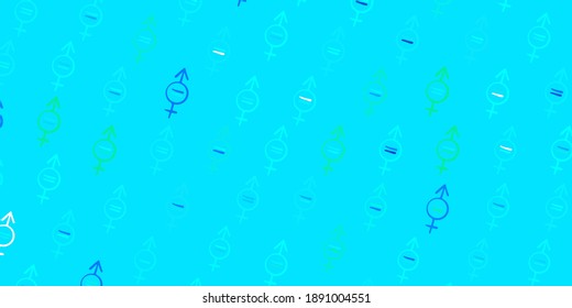 Light Blue, Green vector backdrop with women power symbols. Colorful illustration with gradient feminism shapes. Design for International Women Day.