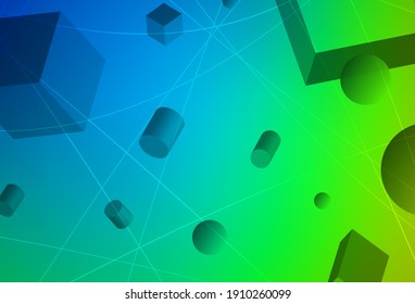 Light Blue, Green vector backdrop with 3D cubes, cylinders, spheres, rectangles. Colorful illustration with geometric design. Wallpaper for a cell phone.