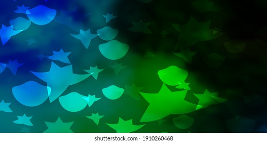 Light Blue, Green vector backdrop with circles, stars. Illustration with set of colorful abstract spheres, stars. Design for wallpaper, fabric makers.