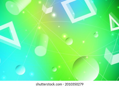 Light Blue, Green vector backdrop with lines, circles, rhombus. Illustration with set of colorful circles, triangles, squares. Simple design for your web site.