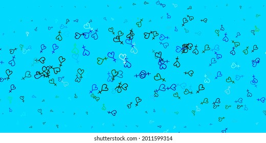 Light Blue, Green vector backdrop with woman's power symbols. Illustration with signs of women's strength and power. Elegant design for wallpapers.