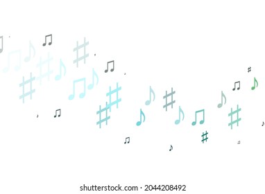 Hellblau, grüner Vektorhintergrund mit Musiknoten. Abstrakte Illustration mit bunten Symbolen der Melodie. Modernes Design für Bildschirmhintergründe.