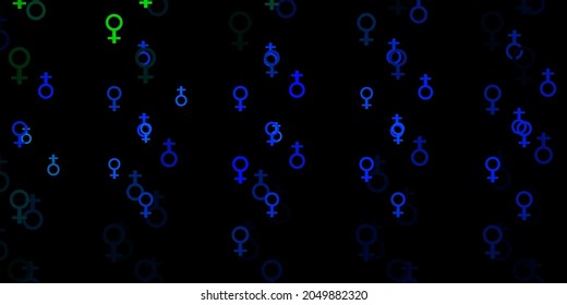Light Blue, Green vector backdrop with woman's power symbols. Illustration with signs of women's strength and power. Design for International Women’s Day.