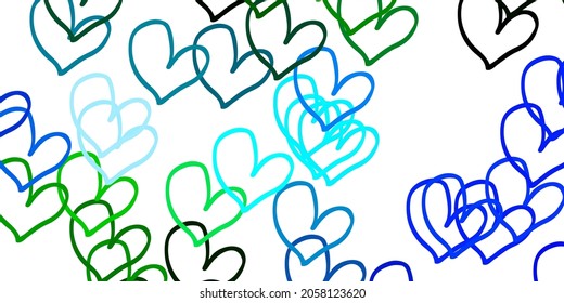 Light Blue, Green vector backdrop with sweet hearts. Decorative shining illustration with hearts on abstract template. Template for Valentine's greeting postcards.