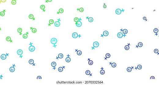 Light Blue, Green vector backdrop with woman's power symbols. Colorful illustration with gradient feminism shapes. Best design to show the power of women.