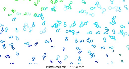 Light Blue, Green vector backdrop with woman's power symbols. Colorful illustration with gradient feminism shapes. Simple design for your web site.