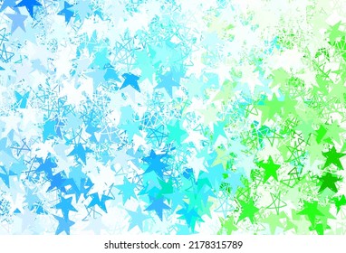 Hellblau, grüner Vektorhintergrund mit kleinen und großen Sternen. Abstrakte Illustration mit farbigen Sternen. Muster für Astronomie-Websites.