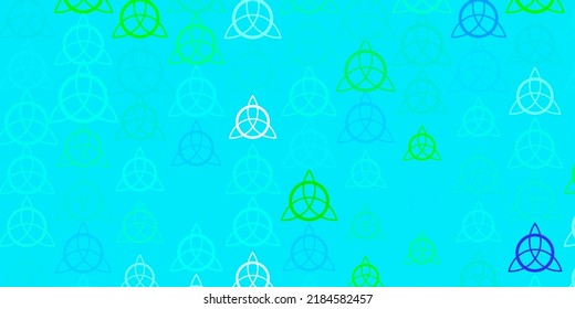 Light Blue, Green vector backdrop with mystery symbols. Colorful vintage illustration with gradient alchemy shapes. Simple design for occult depiction.