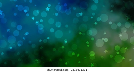 Light Blue, Green vector backdrop with circles, stars. Abstract design in gradient style with bubbles, stars. Design for textile, fabric, wallpapers.