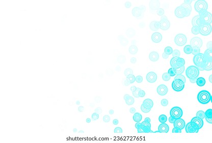 Azul claro, fondo vectorial verde con puntos. Ilustración abstracta brillante con gotas borrosas de lluvia. Patrón de anuncios, folletos.