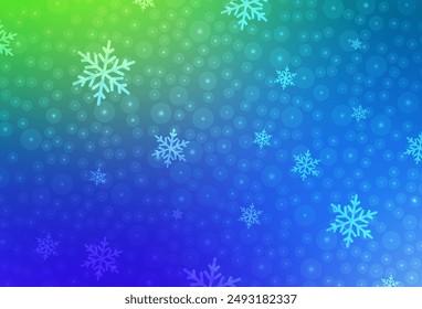 Hellblaue, grüne Vektorgrafik-Kulisse im Urlaubsstil. Illustration mit Gradienten Weihnachtskugeln, Schneeflocken. Intelligentes Design für die Förderung der Universität.