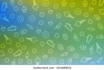Light Blue, Green vector background with tasty sweets. Decorative shining illustration with sweets on abstract template. Pattern for ads of breakfast, lunch, dinner.