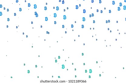 Light Blue, Green vector background with signs of Bitcoins. Colored symbols of cryptocurrency on white background. The pattern can be used for financial, investment websites.
