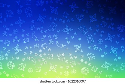 Light Blue, Green vector background with tasty food. Fast Food on blurred abstract background with colorful gradient. Doodle design for your business advert of cafes.