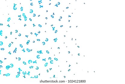 Light Blue, Green vector background with Euro, Dollar, Yen. Shining colored illustration with EUR, USD, JPY signs. Template for ads of markets, loans.