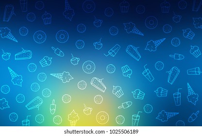 Light Blue, Green vector background with tasty sweets. Confections on blurred abstract background with colorful gradient. Template of children's food in cafe.
