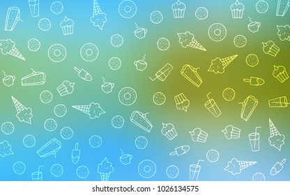 Light Blue, Green vector background with tasty sweets. Beautiful colored illustration with candies in doodle style. Pattern for menu of cafes and restaurants.