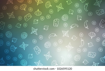 Light Blue, Green vector background with tasty food. Blurred decorative design of snacks in doodle style. Design for ad, poster, banner of cafes or restaurants.